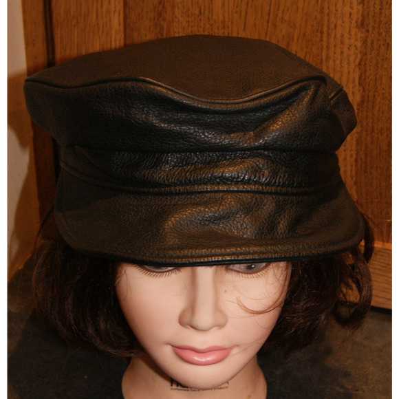 Vintage Biker Motorcycle Black Leather Cabbie Captain Cap Hat Strapback USA Made - Picture 2 of 7